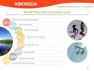 World Water Day in previous years
5
ABENGOA
Transboundary Water
International Year of Sanitation
Water Quality
Water for Cities
Water and Food Security
Water Cooperation
Water and Sustainable Development
2014
2008
2015
2008
2009
2010
2013
2011
2012
Water and Energy
Innovative technology solutions for sustainability
 