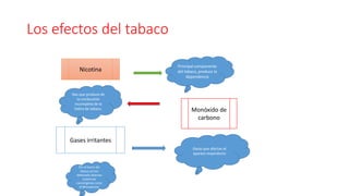 Los efectos del tabaco
Nicotina
Principal componente
del tabaco, produce la
dependencia
Monóxido de
carbono
Gas que produce de
la combustión
incompleta de la
hebra de tabaco.
Gases irritantes
Gasas que afectan al
aparato respiratorio
En el humo del
tabaco se han
detectado diversas
sustancias
cancerígenas como
el Benzopireno