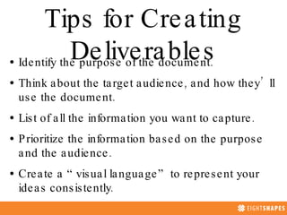 Tips for Creating Deliverables ,[object Object],[object Object],[object Object],[object Object],[object Object]