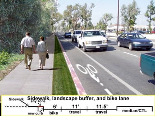 Proposed x-section alternatives on Foothill Blvd – S side 18’ 11.5’ travel ½ section curb to median south (school) side median/CTL travel planting 11’ 11.5’ travel Soft surface trail and bike lane median/CTL 13’ travel soft-surface trail shy zone new curb 6’ bike 11’ 11.5’ travel Sidewalk and bike lane median/CTL travel Sidewalk shy zone new curb 6’ bike 11’ 11.5’ travel Sidewalk, landscape buffer, and bike lane median/CTL travel Sidewalk shy zone new curb 6’ bike 
