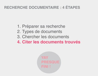 1.	Préparer sa recherche
2.	Types de documents
3.	Chercher les documents
4.	Citer les documents trouvés
Recherche documentaire : 4 étapes
YAY
presque
fini !
 