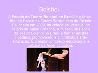 Bolshoi A  Escola do Teatro Bolshoi no Brasil  é a única filial da Escola do Teatro Bolshoi fora da Rússia. Foi criada em 2000, na cidade de Joinville, no estado de Santa Catarina, A missão da Escola do Teatro Bolshoi no Brasil é formar artistas cidadãos, promovendo e difundindo a arte-educação. É o maior complexo educacional e cultural da América Latina.   
