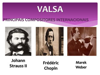 PRINCIPAIS COMPOSITORES INTERNACIONAIS
VALSA
Johann
Strauss II
Frédéric
Chopin
Marek
Weber
 