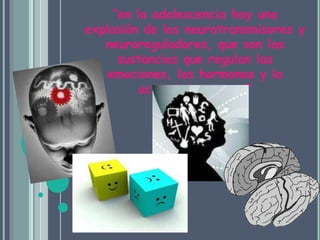DIVISIONES DEL CEREBRO                                    “en la adolescencia hay una explosión de los neurotransmisores y neuroreguladores, que son las sustancias que regulan las emociones, las hormonas y la actividad neuronal”