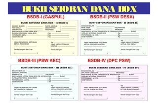 BUKTISETORAN DANA BOX
BSDB-I (GASPUL) BSDB-II (PSW DESA)
BSDB-III (PSW KEC) BSDB-IV (DPC PSW)
 