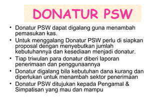 DONATUR PSW
• Donatur PSW dapat digalang guna menambah
pemasukan kas.
• Untuk menggalang Donatur PSW perlu di siapkan
proposal dengan menyebutkan jumlah
kebutuhannya dan kesediaan menjadi donatur.
• Tiap triwulan para donatur diberi laporan
penerimaan dan penggunaannya
• Donatur digalang bila kebutuhan dana kurang dan
diperlukan untuk menambah sektor penerimaan
• Donatur PSW ditujukan kepada Pengamal &
Simpatisan yang mau dan mampu
 