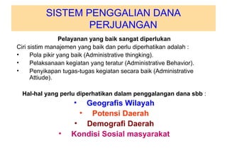 SISTEM PENGGALIAN DANA
PERJUANGAN
Pelayanan yang baik sangat diperlukan
Ciri sistim manajemen yang baik dan perlu diperhatikan adalah :
• Pola pikir yang baik (Administrative thingking).
• Pelaksanaan kegiatan yang teratur (Administrative Behavior).
• Penyikapan tugas-tugas kegiatan secara baik (Administrative
Attiude).
Hal-hal yang perlu diperhatikan dalam penggalangan dana sbb :
• Geografis Wilayah
• Potensi Daerah
• Demografi Daerah
• Kondisi Sosial masyarakat
 