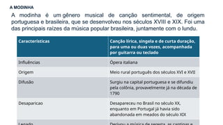 Características Canção lírica, singela e de curta duração,
para uma ou duas vozes, acompanhada
por guitarra ou teclado
Influências Ópera italiana
Origem Meio rural português dos séculos XVI e XVII
Difusão Surgiu na capital portuguesa e se difundiu
pela colônia, provavelmente já na década de
1790
Desaparicao Desapareceu no Brasil no século XX,
enquanto em Portugal já havia sido
abandonada em meados do século XIX
A modinha é um gênero musical de canção sentimental, de origem
portuguesa e brasileira, que se desenvolveu nos séculos XVIII e XIX. Foi uma
das principais raízes da música popular brasileira, juntamente com o lundu.
A MODINHA
 