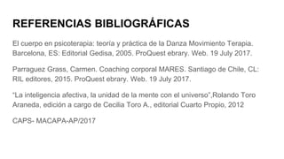 REFERENCIAS BIBLIOGRÁFICAS
El cuerpo en psicoterapia: teoría y práctica de la Danza Movimiento Terapia.
Barcelona, ES: Editorial Gedisa, 2005. ProQuest ebrary. Web. 19 July 2017.
Parraguez Grass, Carmen. Coaching corporal MARES. Santiago de Chile, CL:
RIL editores, 2015. ProQuest ebrary. Web. 19 July 2017.
“La inteligencia afectiva, la unidad de la mente con el universo”,Rolando Toro
Araneda, edición a cargo de Cecilia Toro A., editorial Cuarto Propio, 2012
CAPS- MACAPA-AP/2017
 