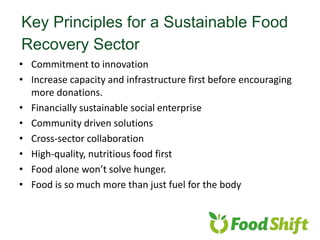 • Commitment to innovation
• Increase capacity and infrastructure first before encouraging
more donations.
• Financially sustainable social enterprise
• Community driven solutions
• Cross-sector collaboration
• High-quality, nutritious food first
• Food alone won’t solve hunger.
• Food is so much more than just fuel for the body
Key Principles for a Sustainable Food
Recovery Sector
