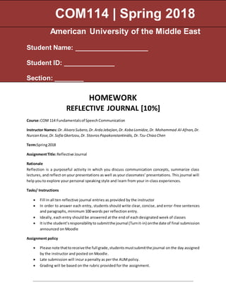 HOMEWORK
REFLECTIVE JOURNAL [10%]
Course:COM 114 Fundamentalsof SpeechCommunication
Instructor Names: Dr. Alvaro Subero,Dr.Arda Jebejian,Dr. Koba Lomidze, Dr. Mohammad Al-Afnan, Dr.
Nurcan Kose,Dr.Sofia Gkertzou,Dr. StavrosPapakonstantinidis, Dr.Tzu-Chiao Chen
Term:Spring2018
AssignmentTitle:Reflective Journal
Rationale
Reflection is a purposeful activity in which you discuss communication concepts, summarize class
lectures, and reflect on your presentations as well as your classmates’ presentations. This journal will
help you to explore your personal speaking style and learn from your in-class experiences.
Tasks/ Instructions
 Fill in all ten reflective journal entries as provided by the instructor
 In order to answer each entry, students should write clear, concise, and error-free sentences
and paragraphs, minimum 100 words per reflection entry.
 Ideally, each entry should be answered at the end of each designated week of classes
 It isthe student’sresponsibilityto submitthe journal (Turnit-in) onthe date of final submission
announced on Moodle
Assignment policy
 Please note thattoreceive the full grade,students mustsubmitthe journal on the day assigned
by the instructor and posted on Moodle.
 Late submission will incur a penalty as per the AUMpolicy.
 Grading will be based on the rubric provided for the assignment.
COM114 | Spring 2018
American University of the Middle East
Student Name: ____________________
Student ID: _
Section: _
COM114 | Spring 2018
American University of the Middle East
Student Name: ____________________
Student ID: ______________
Section: ________
 