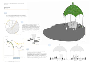 V concurso de ideas de mobiliario urbano sostenible.
 Ekokaleak.


Variopinto
"Kiosco"


 Objetivo


           Crear un kiosco que ofrezca un espacio flexible donde se desarrollen
           diferentes actividades de caracter público, bien de manera simultánea o de
           forma independiente, sin que un determinado uso condicione al resto.


                              B'


               B                                           A'

                                                                                    Diseño
Banco


                                                                                       La plataforma del kiosco, se divide en 12 plataformas, cada
                                                                                       una de éstas se eleva por accionamiento mecánico.
                                                                                       En posición horizontal, las plataformas, descansan sobre unos
                                                                                       apoyos dispuestos en el perimetro del kiosco; cuando éstas
                                                                                       están en posición vertical los apoyos se utilizan como bancos.
                                                                                       Las plataformas cuentan también con una trampilla abatible,
                                             A
                                                                                       con ésta se pretende crear un puesto de venta ambulante, ya
                                                                                       que ofrece un mostrador y una zona en donde se aloja el
                                                                                       vendedor.


                                                                Pilar de cubierta



    PLANTA 1:200

                                                                                                                                              PLATAFORMA

                                                                                      Mostrador
                                                                                                                                                  Trampilla
                                          Vegetación
                                                                                                                                                                                                                                          VISTA GENERAL




           Malla                                                                                                                         Banco- apoyo
        impermeable
                                                                                                                                                                                   Uso
                        Sistema
                      hidropónico



                            Canalón
                                                                                                       Sostenible
                                                                                      Cubeta de
                                                                                    recogida pluvial


                                                                                                          La cubierta en su superficie exterior cuenta con un sistema de
                                                                                                          canalizaciones para crear un jardín hidropónico.
                                                                                                          En zona inferior cuenta con una lámina impermeable que protege de
                                                                                                          la lluvia y dirige al agua hacia un canalón de recogida perimetral. A
                                                                                                          traves de éste el agua de lluvia llega a una cubeta instalada en la
                                                                                                          parte superior de los pilares y es dirigida a un depósito subterraneo.
 SECCION A-A' 1:200                                                           SECCION B-B' 1:200          El agua acumulada es bombeada por el mismo pilar en sentido
                                                                                                          ascendente y es aprovechada en el riego del jardín.
                                                                  H2O


                                                                                                                                                                                         ARTES   /   PARQUE   EXPOSICION   /   COMERCIO
   ESCALA 1:200         0     1       2      3    4    5               10
 