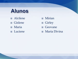  Alcilene
 Gislene
 Maria
 Luciene
 Mirian
 Girley
 Geovane
 Maria Divina
 