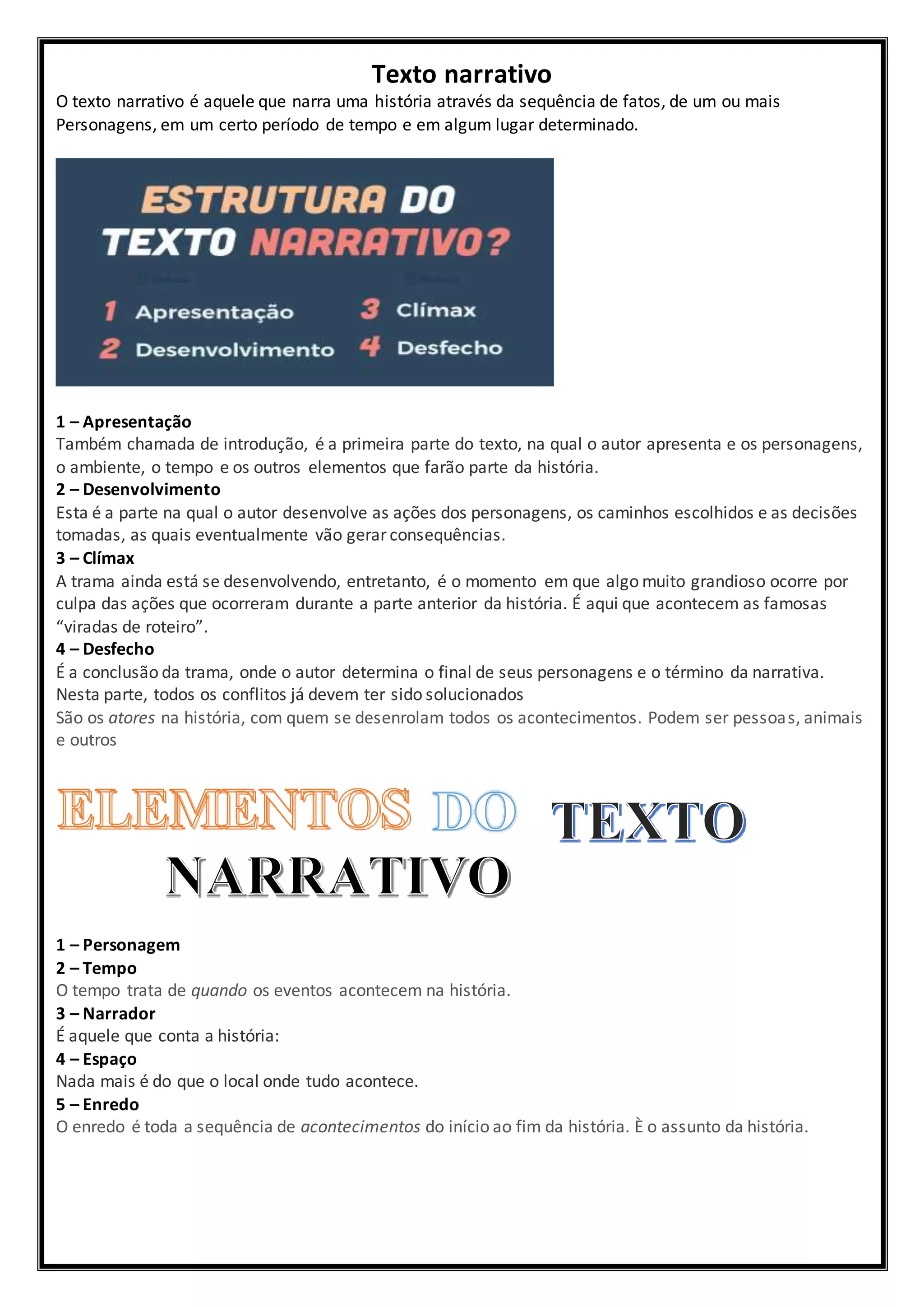 Texto narrativo
O texto narrativo é aquele que narra uma história através da sequência de fatos, de um ou mais
Personagens, em um certo período de tempo e em algum lugar determinado.
1 – Apresentação
Também chamada de introdução, é a primeira parte do texto, na qual o autor apresenta e os personagens,
o ambiente, o tempo e os outros elementos que farão parte da história.
2 – Desenvolvimento
Esta é a parte na qual o autor desenvolve as ações dos personagens, os caminhos escolhidos e as decisões
tomadas, as quais eventualmente vão gerar consequências.
3 – Clímax
A trama ainda está se desenvolvendo, entretanto, é o momento em que algo muito grandioso ocorre por
culpa das ações que ocorreram durante a parte anterior da história. É aqui que acontecem as famosas
“viradas de roteiro”.
4 – Desfecho
É a conclusão da trama, onde o autor determina o final de seus personagens e o término da narrativa.
Nesta parte, todos os conflitos já devem ter sido solucionados
São os atores na história, com quem se desenrolam todos os acontecimentos. Podem ser pessoas, animais
e outros
1 – Personagem
2 – Tempo
O tempo trata de quando os eventos acontecem na história.
3 – Narrador
É aquele que conta a história:
4 – Espaço
Nada mais é do que o local onde tudo acontece.
5 – Enredo
O enredo é toda a sequência de acontecimentos do início ao fim da história. È o assunto da história.
 