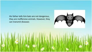 His father tells him bats are not dangerous,
they are inoffensive animals. However, they
can transmit diseases
 