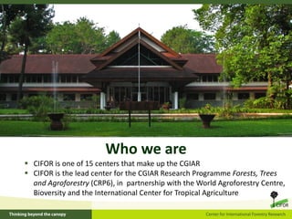 Who we are
 CIFOR is one of 15 centers that make up the CGIAR
 CIFOR is the lead center for the CGIAR Research Programme...