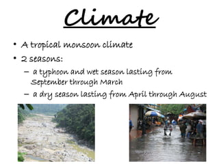 Climate 
• A tropical monsoon climate 
• 2 seasons: 
– a typhoon and wet season lasting from 
September through March 
– a dry season lasting from April through August 
 