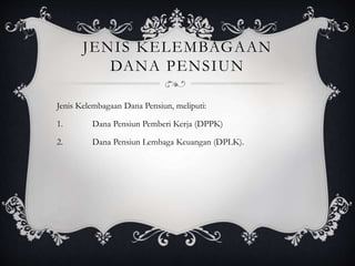 JENIS KELEMBAGAAN
DANA PENSIUN
Jenis Kelembagaan Dana Pensiun, meliputi:
1. Dana Pensiun Pemberi Kerja (DPPK)
2. Dana Pensiun Lembaga Keuangan (DPLK).
 