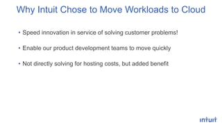 • Speed innovation in service of solving customer problems!
• Enable our product development teams to move quickly
• Not directly solving for hosting costs, but added benefit
Why Intuit Chose to Move Workloads to Cloud
 