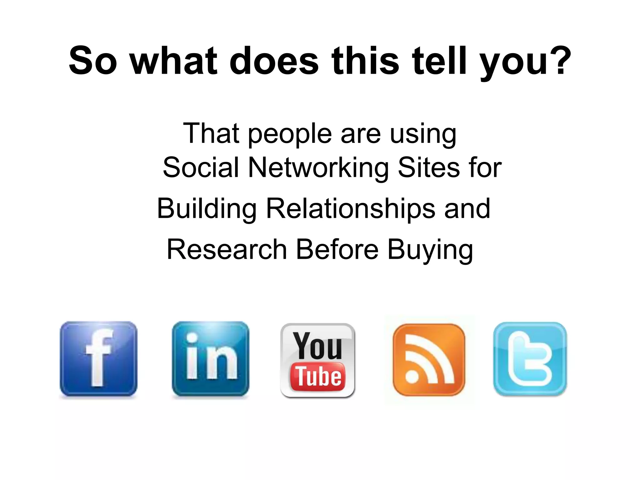 So what does this tell you?
      That people are using
    Social Networking Sites for
    Building Relationships and
     Research Before Buying
 