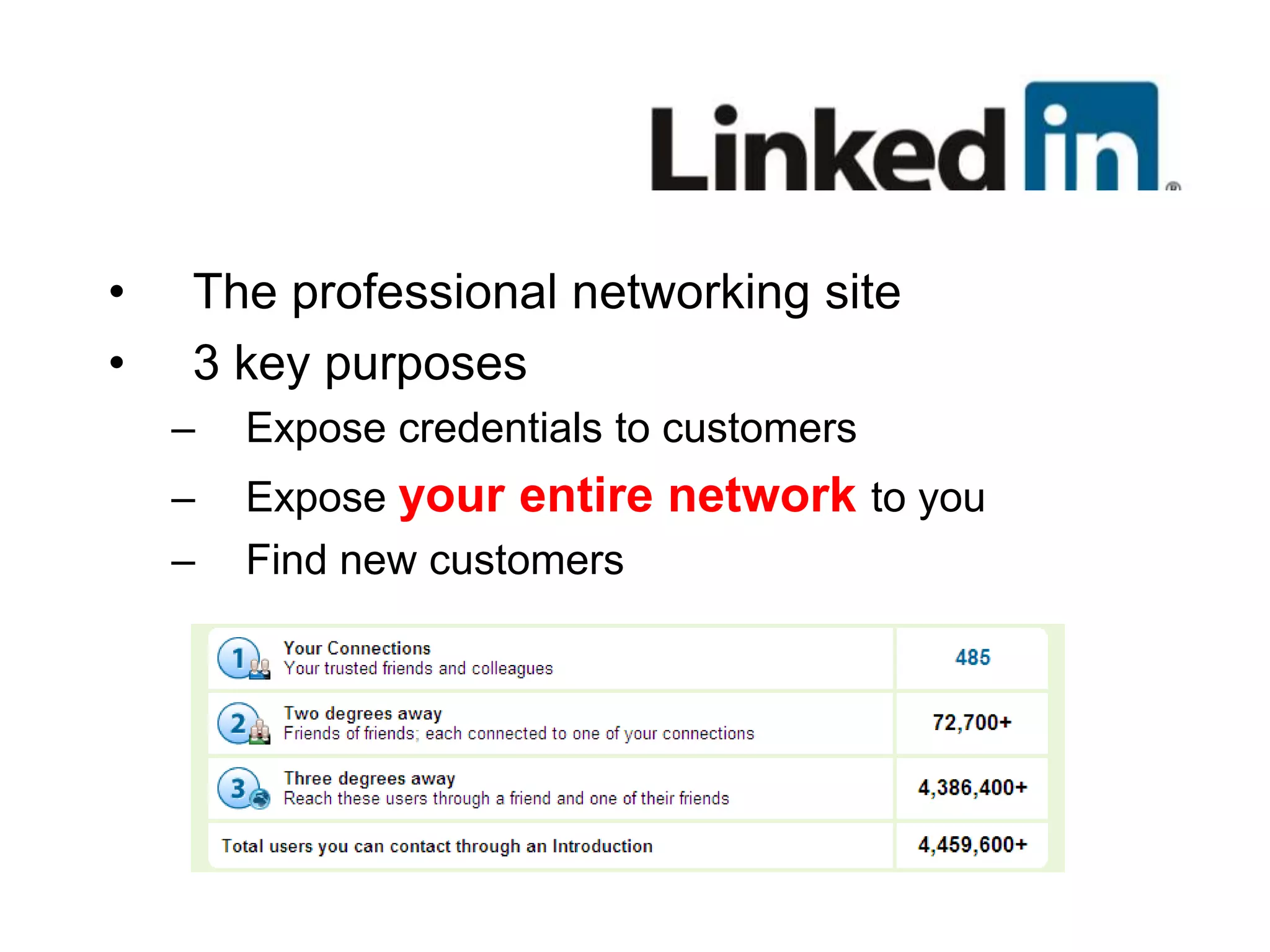 •   The professional networking site
•   3 key purposes
    –   Expose credentials to customers
    –   Expose your entire network to you
    –   Find new customers
 