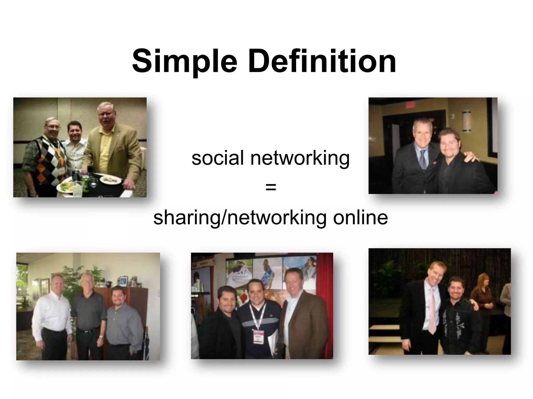 Simple Definition

     social networking
             =
 sharing/networking online
 