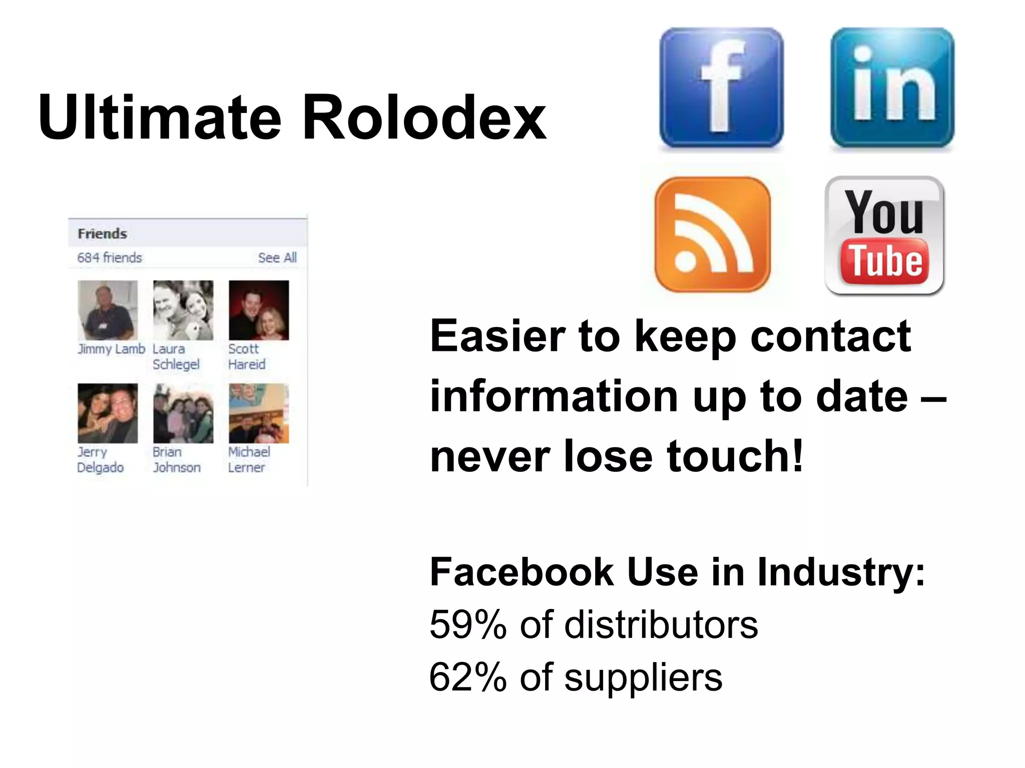 Ultimate Rolodex


            Easier to keep contact
            information up to date –
            never lose touch!

            Facebook Use in Industry:
            59% of distributors
            62% of suppliers
 