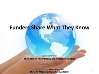 Funders Share What They Know



                       Webinar Panel
     The Circle on Philanthropy and Aboriginal Peoples

                   September 13, 2012

               Presented by: Dana Vocisano               1
          The J.W. McConnell Family Foundation
 