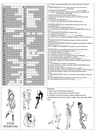 1            1- A maioria das danças brasileiras tem origem portuguesa, africana
             ou_______________
     A       2- Muitas danças do norte, de origem africana, tem como tema a
             _______________________e o sofrimento.
12       T   3- A dança do Siriá expressa o ______________ por um milagre.
13       I   4- A maioria das danças de origem africana são em homenagem aos
             ___________ da Umbanda e candomblé
2        V   5- Dança conhecida como Dança dos Engenhos______
17       I   6- Dança que tem significado indígena para seu nome de “pau que
             propaga som”____________
3        D   7- As cirandas são dançadas em ______________
24       A   8- O Lundu é uma dança sensual, porque nela se realiza a
             __________________
4        D   9-As danças regionais são manifestações culturais, por isso, são
15       E   chamadas danças_______________
             10- A dança típica do Festival de Parintins é a __________
9        S   11- É uma dança em homenagem a Tupã, em agradecimento ao fim da
20           fome ______________________
             12- A festa junina foi introduzida no Brasil, pelos ______.
10       S   13- O afoxé é uma dança da ____________.
             14- O Batucajé é uma dança ___________, afro-brasileira.
6        O   15 - Bumba-meu-boi resulta das relações desiguais entre os escravos e os
5        B   seu _________________
             16-Cabinda é comum nos desfiles de negros do Recife, quando se
7        R   preparam para o ______________.
18       E   17- Dançam freneticamente com figuras alegóricas simbolizando a Morte, o
             Diabo, o Anjo, etc._____________
32           18- Tem origem nos movimentos da Capoeira e usam sombrinhas
8        D   ____________
             19- Essa dança é uma epopéia histórica da Guerra dos Palmares___
16       A   20-O Maracatu Nasceu da tradição do Rei do __________
11       N   21- É dançada apenas por homens_______________
             22- O Cielito é uma dança tipicamente_______________
29       Ç   23- Tem tradição milenar e é chamada de dança da fertilidade_____.
14       A   24- É uma dança profana, parecida com o samba.___________
             25- Dança genuinamente brasileira, de origem indígena___________
33       S   26- É também chamada de Folia de Momo e antecede a quarta feira de
             cinzas__________.
27           27- Tem quermesse, quadrilha e comida típica______________
26       R   28- Dança indecente, a moça suspende a saia e a faz descer sobre a
             cabeça de um dos homens. ___________
25       E   29- Dança de origem africana, dançada entre os caboclos______
22       G   30- Depois da dança o dançarino escolhe um substituto. Caso o escolhido
             não aceite será obrigado a pagar uma rodada de bebidas para a
30       I   turma______________
31       O   31- essa dança os pares imitam os movimentos de serradores que puxam
             a serra. ______________
28       N   32- Os dançarinos são os cavalheiros e usam fitas como prêmio _______
21       A   33- Dança sagrada dos índios Tupi Guaranis___________

23       I
19       S

             Responda
             1- Quais são os elementos da dança?
             2- Quais são os elementos formais da dança?
             3- Coloque o nome das danças abaixo, diga quais são
             contemporâneas(as mais atuais) e diga o que você sabe sobre
             duas.
 