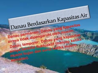 Danau Berdasarkan Kapasitas AirDanaupermanen: Danau yang kapasitasairnyatidakdipengaruhiolehmusim.Danautemporer: Danau yang kapasitasairnyabersifatfluktuaktif (meluapketikamusimhujandansurutketikamusimkemarau).