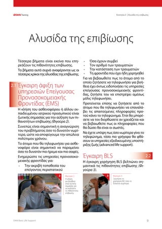 DAN Basic Life Support 99
Ενοτητα 2 | Αλυσίδα της επιβίωσης
2.2
2.1
Τέσσερα βήματα είναι εκείνα που επη-
ρεάζουν τις πιθανότητες επιβίωσης.
Τα βήματα αυτά συχνά αναφέρονται ως οι
τέσσεριςκρίκοιτηςαλυσίδαςτηςεπιβίωσης.
Έγκαιρη άφιξη των
υπηρεσιών Επείγουσας
Προνοσοκομειακής
Φροντίδας (EMS)
Η κλήση του ασθενοφόρου ή άλλου εκ-
παιδευμένου ιατρικού προσωπικού είναι
ζωτικής σημασίας για την αύξηση των πι-
θανοτήτων επιβίωσης (Φιγούρα 2).
Συνεπώς είναι σημαντική η αναγνώριση
του προβλήματος όσο το δυνατόν νωρί-
τερα, ώστε να αποφύγουμε την απώλεια
πολύτιμου χρόνου.
Το άτομο που θα τηλεφωνήσει για ασθε-
νοφόρο είναι σημαντικό να παραμείνει
όσο το δυνατόν πιο ήρεμο και πιο σαφές.
Ενημερώστε τις υπηρεσίες προνοσοκο-
μειακής φροντίδας για:
-	 Την ακριβή τοποθεσία του
επείγοντος περιστατικού
-	 Όσα έχουν συμβεί
-	 Τον αριθμό των τραυματιών
-	 Την κατάσταση των τραυματιών
-	 Τη φροντίδα που έχει ήδη χορηγηθεί
Για να βεβαιωθείτε πως το άτομο από το
οποίο ζητήσατε να τηλεφωνήσει για βοή-
θεια έχει όντως ειδοποιήσει τις υπηρεσίες
επείγουσας προνοσοκομειακής φροντί-
δας, ζητήστε του να επιστρέψει αμέσως
μόλις τηλεφωνήσει.
Προτείνεται επίσης να ζητήσετε από το
άτομο που θα τηλεφωνήσει να επαναλά-
βει τις απαιτούμενες πληροφορίες προ-
τού κάνει το τηλεφώνημα. Έτσι θα μπορέ-
σετε να τον διορθώσετε αν χρειάζεται και
να βεβαιωθείτε πως οι πληροφορίες που
θα δώσει θα είναι οι σωστές.
Ναέχετευπόψηπωςόσονωρίτεραγίνειτο
τηλεφώνημα, τόσο πιο γρήγορα θα φθά-
σουν οι υπηρεσίες εξειδικευμένης υποστή-
ριξης ζωής (advanced life support).
Έγκαιρη BLS
Η έγκαιρη χορήγηση BLS βελτιώνει ση-
μαντικά τις πιθανότητες επιβίωσης (Φι-
γούρα 3).
Αλυσίδα της επιβίωσης
Φιγούρα 3:
Ξεκινήστε τη
χορήγηση BLS όσο το
δυνατόν νωρίτερα
3Φιγούρα 2:
Η κλήση
για βοήθεια
είναι ζωτικής
σημασίας για
να αυξήσετε
τις πιθανότητες
επιβίωσης
2
 