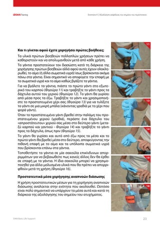 DAN Basic Life Support 2323
Ενοτητα 4 | Αξιολόγηση ασφάλειας του σημείου του περιστατικού
Και τι γίνεται αφού έχετε χορηγήσει πρώτες βοήθειες;
Τα υλικά πρώτων βοηθειών πολλαπλών χρήσεων πρέπει να
καθαριστούν και να απολυμανθούν μετά από κάθε χρήση.
Τα γάντια προστατεύουν τον διασώστη κατά τη διάρκεια της
χορήγησης πρώτων βοηθειών αλλά αφού αυτές έχουν ολοκλη-
ρωθεί, το αίμα (ή άλλα σωματικά υγρά) ίσως βρίσκονται ακόμα
πάνω στα γάντια. Είναι σημαντικό να αποφύγετε την επαφή με
τα σωματικά υγρά και το αίμα καθώς βγάζετε τα γάντια.
Για να βγάλετε τα γάντια, πιάστε το πρώτο γάντι στο εξωτε-
ρικό του καρπού (Φιγούρα 11) και τραβήξτε το γάντι προς τα
δάχτυλα αυτού του χεριού (Φιγούρα 12). Το γάντι θα γυρίσει
από μέσα προς τα έξω. Τραβήξτε το γάντι και χρησιμοποιή-
στε το προστατευμένο χέρι σας (Φιγούρα 13) για να τυλίξετε
το γάντι σε μια μικρή μπάλα (κάνοντας γροθιά με το χέρι που
φορά γάντι).
Όταν το προστατευμένο γάντι βρεθεί στην παλάμη του προ-
στατευμένου χεριού (γροθιά), περάστε ένα δάχτυλο του
«απροστάτευτου» χεριού σας μέσα στο δεύτερο γάντι (μετα-
ξύ καρπού και γαντιού - Φιγούρα 14) και τραβήξτε το γάντι
προς τα δάχτυλα, όπως πριν (Φιγούρα 15).
Το γάντι θα γυρίσει και αυτό από έξω προς τα μέσα και το
πρώτο γάντι θα βρεθεί μέσα στο δεύτερο, αποφεύγοντας την
πιθανή επαφή με το αίμα και τα υπόλοιπα σωματικά υγρά
που βρίσκονται επάνω στα γάντια.
Τοποθετήστε τα γάντια σε μία σακούλα επικίνδυνων απορ-
ριμμάτων για να βεβαιωθείτε πως κανείς άλλος δεν θα έρθει
σε επαφή με τα γάντια. Η ίδια σακούλα μπορεί να χρησιμο-
ποιηθεί για άλλα μολυσμένα υλικά που θα πρέπει να απορρι-
φθούν μετά τη χρήση (Φιγούρα 16).
Προστατευτικά μέσα χορήγησης αναπνοών διάσωσης
Η χρήση προστατευτικών μέσων για τη χορήγηση αναπνοών
διάσωσης αναλύεται στην ενότητα που ακολουθεί. Ωστόσο
είναι πολύ σημαντικό να υπάρχουν τα μέσα αυτά και κατά τη
διάρκεια της αξιολόγησης του σημείου του ατυχήματος.
11
12
13
14
15
16
 