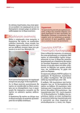 DAN Basic Life Support 2929
Ενοτητα 5 | ΑΝΑΖΩΟΓΟΝΗΣΗ - ΚΑΡΠΑ
5.7
5.6
Σε κάποιες περιπτώσεις, ίσως είναι αρκε-
τό να ανοίξετε τον αεραγωγό και να τον
διατηρήσετε ανοιχτό μέχρι να φτάσει το
ασθενοφόρο (αν το θύμα αναπνέει).
Αξιολόγηση αναπνοής
Μόλις ο αεραγωγός είναι ανοιχτός, ο
διασώστης θα πρέπει να αναζητήσει
ενδείξεις αναπνοής, όπως κίνηση του
θώρακα, ήχους αναπνοής από το στό-
μα και αίσθηση κίνησης αέρα στο μά-
γουλο ή το αυτί του (Φιγούρα 23).
Αυτό γίνεται διατηρώντας τον αεραγωγό
ανοιχτό και για μέχρι 10 δευτερόλεπτα.
Αν το θύμα αναπνέει φυσιολογικά, θα
πρέπει να τοποθετηθεί σε θέση ανάνη-
ψης για να εξασφαλίσετε πως ο αερα-
γωγός θα παραμείνει ανοιχτός και θα
πρέπει να καλέσετε αμέσως ασθενο-
φόρο.
Ο διασώστης θα πρέπει να ελέγχει πως
το θύμα συνεχίζει να αναπνέει φυσιολο-
γικά και να πράξει αναλόγως.
Ξεκινήστε ΚΑΡΠΑ –
Υποστήριξη Κυκλοφορίας
Όταν το θύμα δεν αναπνέει, ή η αναπνοή
δεν είναι φυσιολογική, οι υπηρεσίες EMS
πρέπει να ειδοποιηθούν άμεσα (ενημε-
ρώνοντάς τις πως το θύμα δεν αναπνέει
φυσιολογικά) και ο διασώστης θα πρέπει
να ξεκινήσει θωρακικές συμπιέσεις, βά-
ζοντας το ένα χέρι πάνω στο άλλο, μπλέ-
κοντας τα δάχτυλα των χεριών μεταξύ
τους, και τοποθετώντας τα χέρια στο
μέσο του θώρακα.
Οι ισχύουσες οδηγίες ΚΑΡΠΑ ορίζουν τη
χορήγηση 30 θωρακικών συμπιέσεων
σε ρυθμό τουλάχιστον 100 ανά λεπτό
(αλλά όχι περισσότερες από 120).
Ο ρυθμός 100 συμπιέσεων ανά λεπτό,
σημαίνει πως σε 18 δευτερόλεπτα θα
πρέπει να δοθούν 30 συμπιέσεις (κάτι
λιγότερο από 2 συμπιέσεις το δευτερό-
λεπτο). Με ρυθμό 100 συμπιέσεων – όχι
περισσότερες από 120 – αυτό σημαίνει
15-18 δευτερόλεπτα. Το βάθος των συ-
μπιέσεων πρέπει να είναι τουλάχιστον
5 εκατοστά (αλλά όχι περισσότερα από
6 εκατοστά) και είναι σημαντικό να
απελευθερώνεται η πίεση στο θώρα-
Σημαντικό:
Τα πρώτα λεπτά μετά από μία καρδιακή ανα-
κοπή, το θύμα ίσως αναπνέει ελάχιστα, ή σε
αραιά διαστήματα να κάνει αγωνιώδεις και
θορυβώδεις απόπειρες να αναπνεύσει. Μην
συγχέετε αυτή την κατάσταση με φυσιολο-
γική αναπνοή. Αν έχετε αμφιβολίες, πράξτε
σαν η αναπνοή να μην είναι φυσιολογική.
Φιγούρα 23:
Αξιολόγηση
αναπνοής
23
 