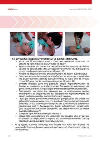 DAN Basic Life Support3838
6a.	Συνδυασμός θωρακικών συμπιέσεων με αναπνοές διάσωσης.
•	 Μετά από 30 συμπιέσεις ανοίξτε ξανά τον αεραγωγό, γέρνοντας το
μέτωπο προς τα πίσω και σηκώνοντας το σαγόνι
•	 Χρησιμοποιήστε μία ρινοστοματική μάσκα αναζωογόνησης ή κλείστε
μαλακά το μαλακό μέρος της μύτης με τον δείκτη και τον αντίχειρα του
χεριού που βρίσκεται στο μέτωπο (Φιγούρα 37).
•	 Αφήστε το στόμα να ανοίξει, αλλά διατηρήστε το σαγόνι ανασηκωμένο
•	 Πάρτε μία κανονική αναπνοή και τοποθετήστε τα χείλια σας στην είσοδο
της ρινοστοματικής μάσκας αναζωογόνησης, ή γύρω από το στόμα,
εξασφαλίζοντας πως δεν υπάρχουν διαρροές (Φιγούρα 38).
•	 Φυσήξτε σταθερά μέσα στη μάσκα/το στόμα, παρακολουθώντας το
θώρακα να σηκώνεται, για τουλάχιστον ένα δευτερόλεπτο, όσο διαρκεί μία
φυσιολογική αναπνοή. Αυτή είναι μία αποτελεσματική αναπνοή διάσωσης.
•	 Διατηρώντας την κλίση του κεφαλιού και το ανασηκωμένο σαγόνι,
απομακρύνετε το στόμα σας από τον τραυματία και παρακολουθήστε την
πτώση του θώρακα καθώς ο αέρας βγαίνει από το σώμα.
•	 Πάρτε μία ακόμα φυσιολογική αναπνοή και φυσήξτε μέσα στο στόμα του
ατόμου(ήστημάσκα),γιαναεπιτύχετεσυνολικά2αποτελεσματικέςαναπνοές
διάσωσης. Οι δύο αναπνοές δεν θα πρέπει στο σύνολό τους να διαρκέσουν
περισσότερα από 5 δευτερόλεπτα. Χωρίς καθυστέρηση, τοποθετήστε
ξανά τα χέρια σας στη σωστή θέση επάνω στο στέρνο και δώστε 30 ακόμα
συμπιέσεις (Φιγούρα 39)
•	 Συνεχίστε την ΚΑΡΠΑ με αναλογία 30 προς 2
•	 Σταματήστε για να ελέγξετε την κατάσταση του θύματος μόνο αν αρχίσει
να ξυπνάει: αν κινηθεί, ανοίξει τα μάτια του και αναπνέει κανονικά. Σε άλλη
περίπτωση, μην διακόψετε την αναζωογόνηση.
•	 Αν η αρχική αναπνοή διάσωσης που δώσετε δεν κάνει τον θώρακα να
ανασηκωθεί όπως συμβαίνει στη φυσιολογική αναπνοή, τότε πριν την επόμενη
απόπειρά σας:
37 38 39
Ενοτητα 5 | ΑΝΑΖΩΟΓΟΝΗΣΗ - ΚΑΡΠΑ
 
