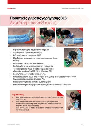 DAN Basic Life Support 6161
ΠρακτικέςγνώσειςχορήγησηςBLS:
Διαχείριση καταπληξίας (σοκ)
76
•	 Βεβαιωθείτε πως το σημείο είναι ασφαλές
•	 Αξιολογήστε τις ζωτικές ενδείξεις
•	 Ειδοποιήσετε τις υπηρεσίες EMS
•	 Ελέγξτε την (ακατάσχετη) εξωτερική αιμορραγία αν
υπάρχει
•	 Διατηρήστε ανοιχτό τον αεραγωγό
•	 Καθησυχάστε και ανακουφίστε τον τραυματία
•	 Τοποθετήστε το θύμα στο έδαφος, με τα πόδια
ελαφρώς ανυψωμένα (20-25εκ) (Φιγούρα 72).
•	 Χορηγήστε οξυγόνο (Φιγούρα 73- 74).
•	 Προστατεύστε το θύμα από το κρύο ή τη ζέστη. Διατηρήστε φυσιολογική
θερμοκρασία σώματος (Φιγούρα 75).
•	 Παρακολουθήστε τα επίπεδα ανταπόκρισης
•	 Παρακολουθήστε και βεβαιωθείτε πως το θύμα αναπνέει κανονικά
Σημειώσεις:
•	 Μην χορηγήσετε τροφή ή υγρά σε άτομο που έχει υποστεί σοκ
(Φιγούρα 76)
•	 Μην αναγκάσετε ένα άτομο (ιδίως άτομο με καρδιακά ή
αναπνευστικά προβλήματα) να ξαπλώσει. Τοποθετήστε τον
στην πιο άνετη (καθιστή) θέση
•	 Μην ανυψώνετε τα πόδια αν αυτό θα επιδεινώσει κάποιον άλ-
λον τραυματισμό
72 73 74
75
Ενοτητα 9 | Διαχείριση καταπληξίας (σοκ)
 