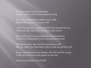 30 Years Have Come and Gone
I Can’t believe you’ve been gone so long
Everyday that passes I think of you still
Remembering you, I always will
YOU’VE missed so much and WE’VE missed YOU so
There are still days that are filled with sorrow
But mostly you`re remembered in fond memory
Each of us thinking of you in our private reverie

We know every day you`re watching us still
But we wish you were here with us and we always will
Keep watching over our family, the old and the young
Until up in heaven once again we are one

We Love and Miss You DAD!

 