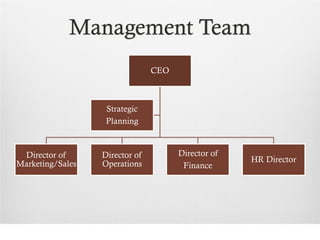 Management Team
                                CEO



                   Strategic
                   Planning



 Director of      Director of         Director of
                                                    HR Director
Marketing/Sales   Operations           Finance
 