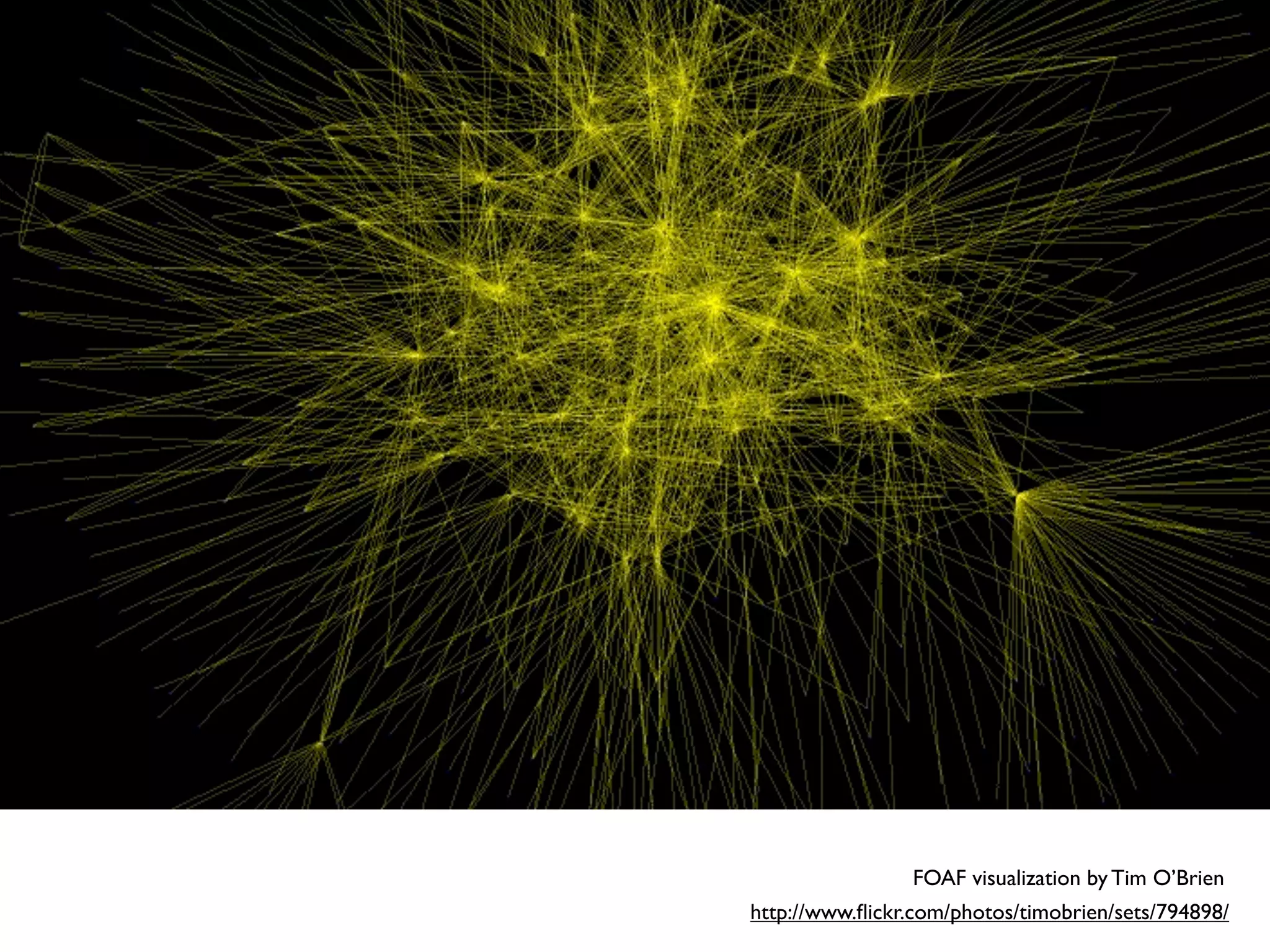 FOAF visualization by Tim O’Brien
http://www.ﬂickr.com/photos/timobrien/sets/794898/
 