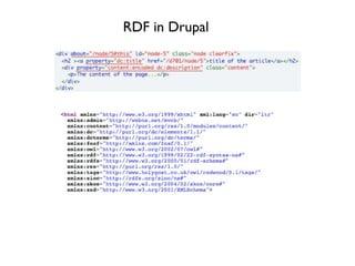 Summary
There’s a growing ecosystem around linked RDF data.

   Drupal can expect to manage ﬁles containing it,
   link to...