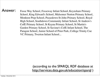 Fosse Way School, Fosseway Infant School, Keynsham Primary
School, King Edward's School, Midsomer Norton Primary School,
Monkton Prep School, Peasedown St John Primary School, Royal
High School, Southdown Community Infant School, St Andrew's
CofE Primary School, St Keyna Primary School, St Martin's
Garden Primary School, St Saviour's CofE Infant School, The
Paragon School, Junior School of Prior Park, College Trinity Coe
VC Primary, Twerton Infant School...
(according to the SPARQL RDF database at
http://services.data.gov.uk/education/sparql )
Answer:
Tuesday, 2 November 2010
 