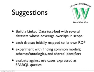 Suggestions
• Build a Linked Data test-bed with several
datasets whose coverage overlaps in scope
• each dataset initially mapped to its own RDF
• experiment with ﬁnding common models;
schemas/ontologies, and shared identiﬁers
• evaluate against use cases expressed as
SPARQL queries
Tuesday, 2 November 2010
 