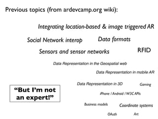 Previous topics (from ardevcamp.org wiki):

            Integrating location-based & image triggered AR

        Social Network interop             Data formats
            Sensors and sensor networks                              RFID
                  Data Representation in the Geospatial web

                                          Data Representation in mobile AR


                               Data Representation in 3D                 Gaming
   “But I’m not                              iPhone / Android / W3C APIs
    an expert!”
                                   Business models        Coordinate systems
                                                  OAuth            Art
 