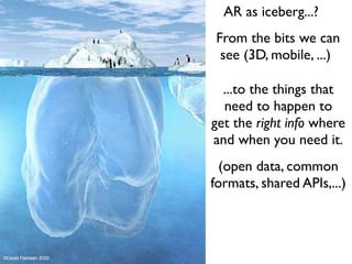 AR as iceberg...?
 From the bits we can
  see (3D, mobile, ...)

  ...to the things that
  need to happen to
get the right info where
and when you need it.
  (open data, common
formats, shared APIs,...)
 