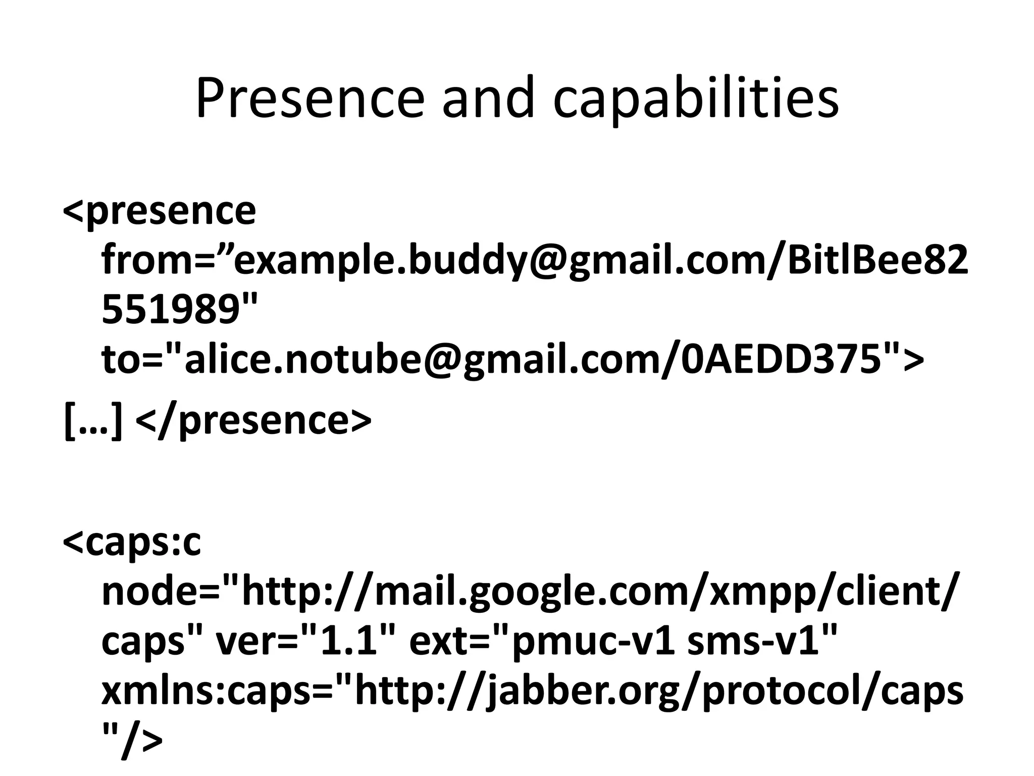 What does it look like?Two experimental uses:JqbusSPARQL experiments (FOAF project)‘NoTube Network’ ideas for TV remotes (NoTube EU)Jqbus showed an experimental binding of RDF query (SPARQL) to XMPPHow else can you send queries into home or laptop?Or filter them based on buddylist rules (colleagues, family)?Or allow for query results to arrive hours later?(if you don’t know SPARQL, think of it as SQL-ish query over linked RDF databases)  