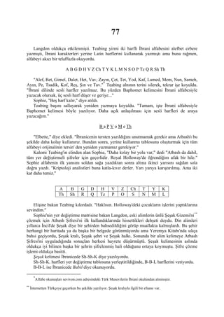 77
    Langdon oldukça etkilenmişti. Teabing yirmi iki harfli İbrani alfabesini alefbet ezbere
yazmıştı, İbrani karakterleri yerine Latin harflerini kullanarak yazmıştı ama buna rağmen,
alfabeyi akıcı bir telaffuzla okuyordu.

                               A B G D H V Z Ch T Y K L M N S O P Tz Q R Sh Th

    "Alef, Bet, Gimel, Dalet, Het, Vav, Zayın, Çet, Tet, Yod, Kaf, Lamed, Mem, Nun, Sameh,
Ayın, Pe, Tsadik, Kof, Reş, Şın ve Tav." * Teabing alnının terini silerek, tekrar işe koyuldu.
"İbrani dilinde sesli harfler yazılmaz. Bu yüzden Baphomet kelimesini İbrani alfabesiyle
yazacak olursak, üç sesli harf düşer ve geriye..."
    Sophie, "Beş harf kalır," diye atıldı.
    Teabing başını sallayarak yeniden yazmaya koyuldu. "Tamam, işte İbrani alfabesiyle
Baphomet kelimesi böyle yazılıyor. Daha açık anlaşılması için sesli harfleri de araya
yazacağım."

                                                    B a P V o M e Th

    "Elbette," diye ekledi. "İbranicenin tersten yazıldığını unutmamak gerekir ama Atbash'ı bu
şekilde daha kolay kullanırız. Bundan sonra, yerine kullanma tablosunu oluşturmak için tüm
alfabeyi orijinalinin tersin' den yeniden yazmamız gerekiyor."
    Kalemi Teabing'in elinden alan Sophie, "Daha kolay bir yolu var," dedi "Atbash da dahil,
tüm yer değiştirmeli şifreler için geçerlidir. Royal Holloway'de öğrendiğim ufak bir hile."
Sophie alfabenin ilk yansını soldan sağa yazdıktan sonra altına ikinci yarısını sağdan sola
doğru yazdı. "Kriptoloji analistleri buna katla-kıvır derler. Yarı yarıya karıştırılmış. Ama iki
kat daha temiz."


                          A      B      G     D      H      V      Z     Ch      T      Y        K
                          Th     Sh     R     Q      Tz     P      O     S       N      M        L

    Elişine bakan Teabing kıkırdadı. "Haklısın. Holloway'deki çocukların işlerini yaptıklarına
sevindim."
    Sophie'nin yer değiştirme matrisine bakan Langdon, eski alimlerin ünlü Şeşak Gizemi'ni **
çözmek için Atbash Şifresi'ni ilk kullandıklarında hissettikleri dehşeti duydu. Din alimleri
yıllarca İncil'de Şeşak diye bir şehirden bahsedildiğini görüp muallakta kalmışlardı. Bu şehir
herhangi bir haritada ya da başka bir belgede görünmüyordu ama Yeremya Kitabı'nda sıkça
bahsi geçiyordu, Şeşak kralı, Şeşak şehri ve Şeşak halkı. Sonunda bir alim kelimeye Atbash
Şifresi'ni uyguladığında sonuçlan herkesi hayrete düşürmüştü. Şeşak kelimesinin aslında
oldukça iyi bilinen başka bir şehrin şifrelenmiş hali olduğunu ortaya koymuştu. Şifre çözme
işlemi oldukça basitti.
    Şeşak kelimesi İbranicede Sh-Sh-K diye yazılıyordu.
    Sh-Sh-K. harfleri yer değiştirme tablosuna yerleştirildiğinde, B-B-L harflerini veriyordu.
    B-B-L ise İbranicede Babil diye okunuyordu.

       *
           Alfabe okunuşları sevivon.com adresindeki Türk Musevilerin İbrani okulundan alınmıştır.
**
     İnternetten Türkçeye geçerken bu şekilde yazılıyor. Şeşak kralıyla ilgili bir efsane var.
 
