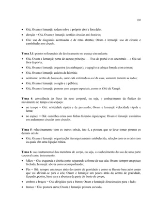 160
• Oiá, Oxum e Iemanjá: rodam sobre o próprio eixo e fora dele;
• direção = Oiá, Oxum e Iemanjá: sentido circular anti-horário;
• Oiá: uso de diagonais acentuadas e de retas abertas; Oxum e Iemanjá: uso de círculo e
caminhadas em círculo.
Tema 3.1: pontos referenciais de deslocamento no espaço circundante:
• Oiá, Oxum e Iemanjá: porta de acesso principal — Exu do portal e os ancestrais —; Oiá sai
fora da porta;
• Oiá, Oxum e Iemanjá: orquestra (os atabaques), o agogô e a cabaça forrada com contas;
• Oiá, Oxum e Iemanjá: cadeira da Ialorixá;
• nenhuma: centro do barracão, onde está enterrado o axé da casa, somente durante as rodas;
• Oiá, Oxum e Iemanjá: os ogãs e o público;
• Oiá, Oxum e Iemanjá: pessoas com cargos especiais, como os Obá de Xangô.
Tema 4: consciência do fluxo do peso corporal, ou seja, o conhecimento da fluidez do
movimento no tempo e no espaço:
• no tempo = Oiá: velocidade rápida e de percussão; Oxum e Iemanjá: velocidade rápida e
lenta;
• no espaço = Oiá: caminhos retos com linhas fazendo ziguezague; Oxum e Iemanjá: caminhos
em andamento circular com círculos.
Tema 5: relacionamento com os outros orixás, isto é, a postura que se deve tomar perante os
demais orixás:
• Oiá, Oxum e Iemanjá: organização hierarquicamente estabelecida, relação com os orixás com
os quais têm uma ligação mítica.
Tema 6: uso instrumental dos membros do corpo, ou seja, o conhecimento do uso de uma parte
corporal como instrumento:
• Mãos = Oiá: esquerda e direita como segurando a frente de sua saia; Oxum: sempre um pouco
fechada; Iemanjá: aberta como acompanhando;
• Pés = Oiá: sempre um pouco atrás do centro de gravidade e como se fizesse base pelo corpo
que vai abrindo-se para o céu; Oxum e Iemanjá: um pouco atrás do centro de gravidade,
fazendo, porém, base para a abertura da parte do busto do corpo;
• ombros e braços = Oiá: dirigidos para a frente; Oxum e Iemanjá: direcionados para o lado;
• tronco = Oiá: postura ereta; Oxum e Iemanjá: postura curvada.
 
