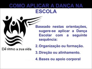 COMO APLICAR A DANÇA NA ESCOLA Baseado nestas orientações, sugere-se aplicar a Dança Escolar com a seguinte sequência: Organização ou formação. Direção ou alinhamento. Bases ou apoio corporal 