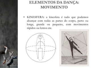 ELEMENTOS DA DANÇA:
MOVIMENTO
• KINESFERA: a kinesfera é tudo que podemos
alcançar com todas as partes do corpo, perto ou
longe, grande ou pequeno, com movimentos
rápidos ou lentos etc.
 