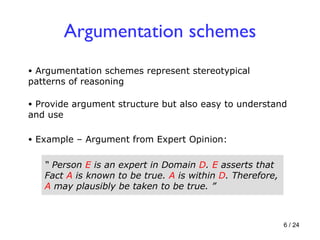Argumentation schemes Provide argument structure but also easy to understand and use Argumentation schemes represent stereotypical patterns of reasoning Example – Argument from Expert Opinion: “  Person  E  is an expert in Domain  D .  E  asserts that Fact  A  is known to be true.  A  is within  D . Therefore,  A  may plausibly be taken to be true.   ” 