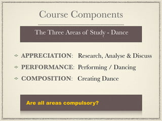 Course Components
    The Three Areas of Study - Dance


APPRECIATION: Research, Analyse & Discuss
PERFORMANCE: Performing / Dancing
COMPOSITION: Creating Dance


 Are all areas compulsory?
 